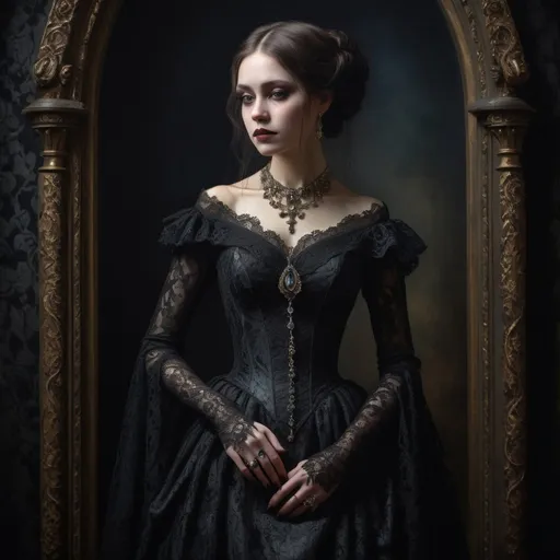 Prompt: Victorian gothic woman, full body, oil painting, detailed lace gown, intricate jewelry, hauntingly beautiful, high quality, gothic, vintage, dramatic lighting, dark color tones
