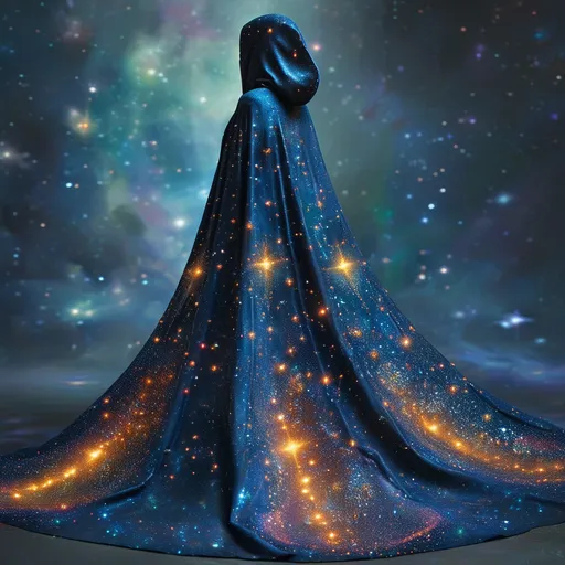 Prompt: A cloak of (infinite starlight), shimmering with celestial sparkles, draping gracefully like a waterfall of light, (ethereal glow) illuminating the surrounding space, vibrant cosmic colors blending seamlessly, rich navy and deep violet tones, set against a backdrop of (vast universe), countless stars twinkling, evoking a sense of cosmic wonder, (highly detailed), captivating depth and luminescence.