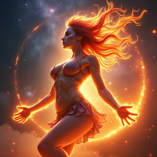 Prompt: (FEMALE Aries energy), vibrant flames surrounding her, strong and confident expression, largescale cosmic background with stars and constellations, dynamic pose embodying movement and strength, warm tones of red and orange blending into cool blues and purples, ultra-detailed, high-quality, capturing powerful zodiac vibes in a celestial atmosphere.