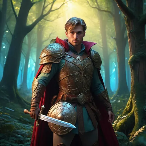 Prompt: Fairytale hero for hire, cinematic, highly detailed, magical realism, enchanting atmosphere, luminous lighting, vibrant colors, whimsical and adventurous, dynamic pose, hero with a sword and shield, intricate costume design, mystical forest background, glowing fairytale creatures, ultra-detailed, high resolution, 4K, professionally rendered.