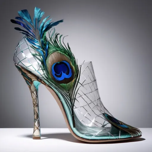 Prompt: Experimental glass shoes, avant-garde, high-concept, cutting edge, unconventional materials, peacock feather pattern, professional lighting, high quality photography 