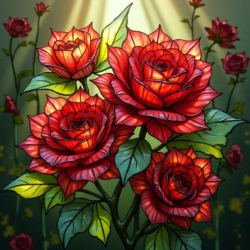 Prompt: (stained glass roses), vibrant colors, intricate patterns, luminous light filtering through, delicate petals crafted with precision, rich greens contrasting with bold reds and pinks, ethereal ambiance, captivating detail, (highly detailed) texture, ornate glass designs, warm lighting casting soft shadows, elegant and enchanting composition, timeless beauty, (4K) ultra-detailed craftsmanship.