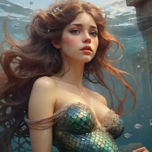 Prompt: Intricately detailed front facing elaborate beautiful mermaid intricate glistening face bright eyes prismatic cry clear dress long hair hyperdetailed painting by Ismail_Inceoglu Tom Bagshaw Dan Witz CGSociety ZBrush Central fantasy art 4K, Crystal Palace in background digital painting, digital illustration, extreme detail, digital art, ultra hd, vintage photography, beautiful, tumblr aesthetic, retro vintage style, hd photography, hyperrealism, extreme long shot, telephoto lens, motion blur, wide angle lens, deep depth of field, warm, anime Character Portrait, Symmetrical, Soft Lighting, Reflective Eyes, Pixar Render, Unreal Engine Cinematic Smooth, Intricate Detail, anime Character Design, Unreal Engine, Beautiful, Tumblr Aesthetic,  Hd Photography, Hyperrealism, Beautiful Watercolor Painting, Realistic, Detailed, Painting By Olga Shvartsur, Svetlana Novikova, Fine Art