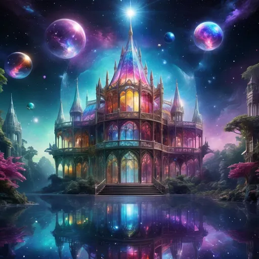 Prompt: Fantasy crystal palace floating in space, magical, shimmering with otherworldly glow, vibrant and iridescent colors, high quality, comets and stars, fantasy, crystal architecture, space setting, glowing lights, majestic, grand, cosmic, detailed reflections, outer space, opulent design, magical, cosmic lighting, vibrant colors, breathtaking