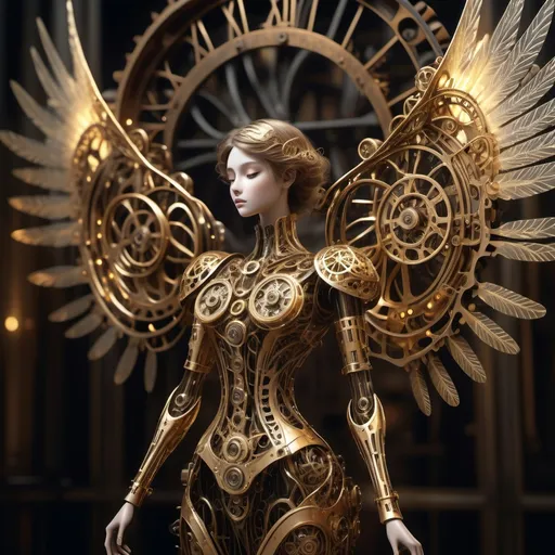 Prompt: (Clockwork angel), intricate mechanical wings, elegant gears intertwined, golden patina, ethereal glow, wisps of steam, serene expression, halo of delicate cogs, set against a dark atmospheric background, faint glimmering lights illuminating, mystical, enchanting, highly detailed, fantasy art style, invoking a sense of wonder, 4K, ultra-detailed.