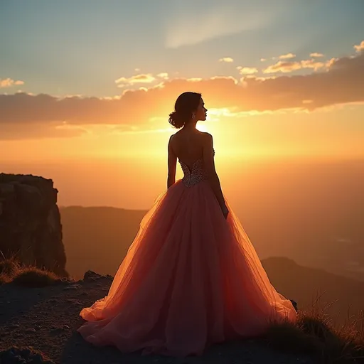 Prompt: (Facing the future, unafraid in a lovely ball gown), an empowering individual standing confidently at the precipice of a vibrant dawn, whispers of hope in the cool morning air, strong posture, unwavering gaze directed towards a distant horizon, ethereal light bathing the scene in radiant hues of gold and blue, conveying anticipation and courage, cinematic depth, ultra-detailed, inspiring atmosphere with a sense of adventure.