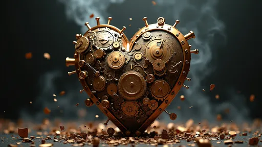 Prompt: (Steam punk clockwork heart), intricately designed with exposed gears and cogs, shattered pieces scattered around, (dramatic lighting) highlighting the metallic textures, (warm bronze and deep copper tones), set against a dark, shadowy background, (moody atmosphere) evoking feelings of loss and nostalgia, surrounded by faint hints of steam, (highly detailed), (4K), (surreal art style).