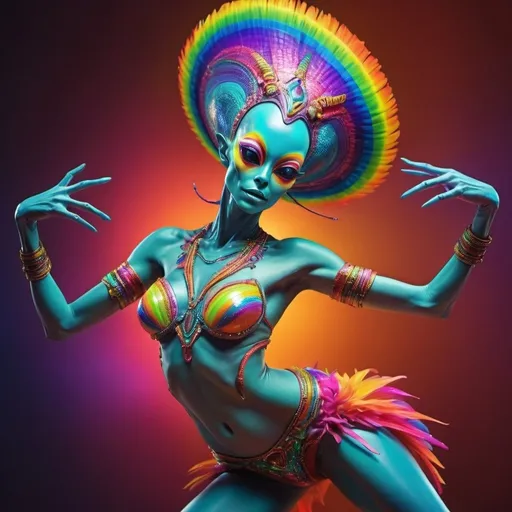 Prompt: Samba dancing female alien, vibrant and exotic materials, energetic movement, high quality, stunning, surreal, alien dance, rainbow tropical colors, dynamic pose, detailed alien features, intergalactic atmosphere, vivid and bright, otherworldly lighting, sci-fi, professional, vibrant color tones, exotic materials, cosmic ambiance