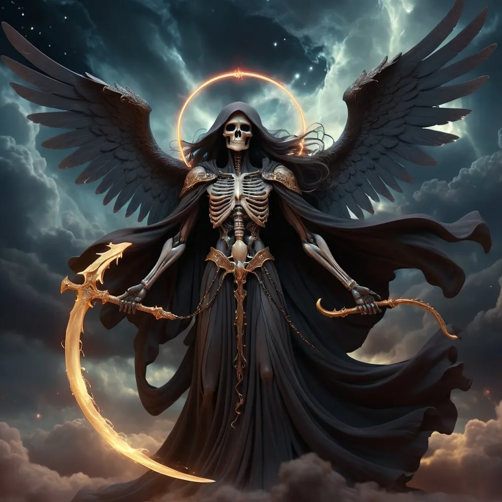 Prompt: Angel of Death, (ethereal figure shrouded in flowing dark robes), towering wings, haunting yet serene expression, grasping a luminous scythe, cosmic backdrop with swirling dark clouds and flickering stars, warm hues contrasting cold darkness, (highly detailed), (atmospheric and ethereal ambiance), spellbinding and dramatic composition, (ultra-detailed, 4K).