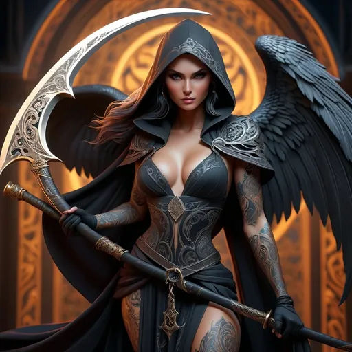 Prompt: Assassin (tattooed), holding a large scythe, (intricate design), (flowing robes), winged figure, dark and ethereal tones, (mystical aura), (bold outlines), rich textures and shading, captivating yet somber vibe, (highly detailed), (4K ultra-detailed), dramatic atmospheric lighting, evoking feelings of both awe and melancholy.