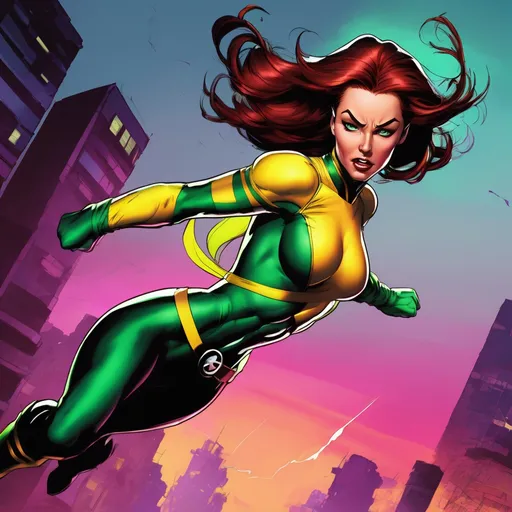 Prompt: Rogue from X-men cartoon, intense color palette, digital painting, high quality, intense colors, dramatic lighting, X-men, kinetic energy, digital art, dynamic pose, flying in the air