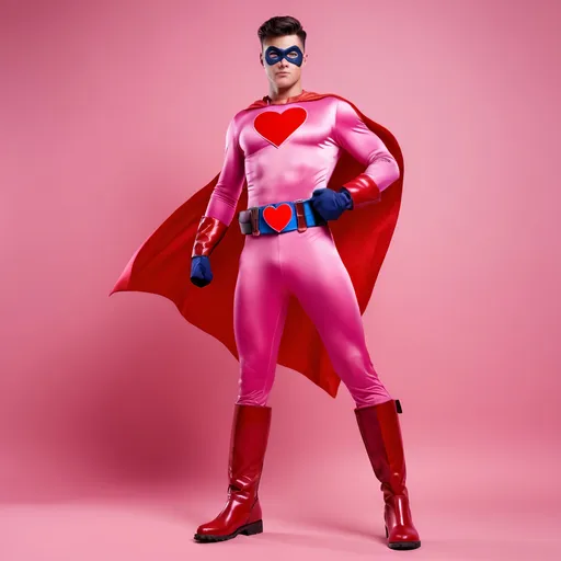 Prompt: Male superhero in pink uniform with red heart on chest, red gloves belt and boots