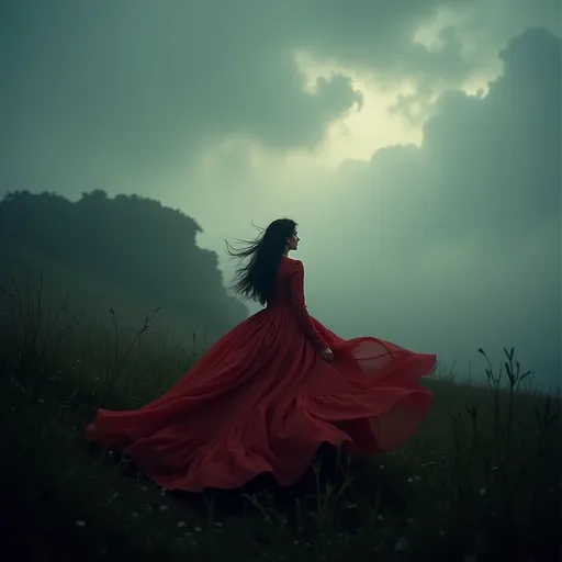 Prompt: (Wuthering Heights scene), (Cathy in a flowing red dress), ethereal landscape, dramatic sky, moody atmosphere, swirling winds, hauntingly beautiful, vintage aesthetic, cinematic depth, stormy vibes, soft focus, rich textures, ethereal ambiance, evocative emotions, romantic tension, HD, ultra-detailed.