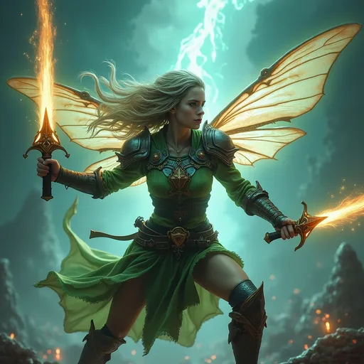 Prompt: War fairy engaging in battle, (dynamic action pose), (ethereal wings shimmering), fierce expression, medieval-inspired armor, glowing weapons, intense background with swirling magical energy, mist and shadows, (dramatic lighting), color palette of deep greens and vibrant blues, (fantasy theme), high detail, 4K, vividly capturing the essence of battle.