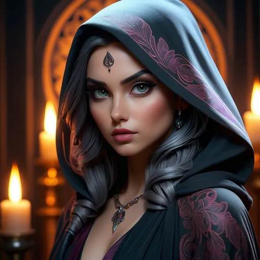 Prompt: Assassin (tattooed), (intricate design), (flowing robes), dark and ethereal tones, (mystical aura), (bold outlines), rich textures and shading, captivating yet somber vibe, (4K ultra-detailed), (highly detailed), dramatic atmospheric lighting, evoking feelings of both awe and melancholy, haunting background shrouded in shadows, mystical elements like wisps of smoke, moodily illuminated setting to amplify the tension.