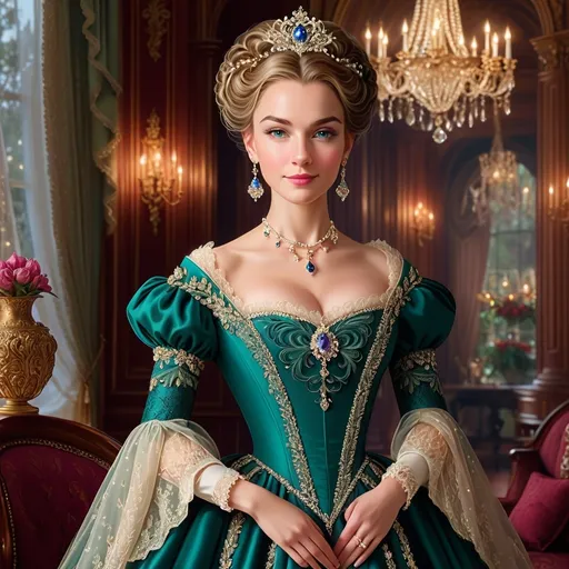 Prompt: (elegant Elizabethan era woman), historically accurate gown, adorned with intricate lace, lavish sparkling jewelry, (soft warm lighting), standing in a beautifully designed parlor, rich color tones, opulent decor, (highly detailed textures), saturated hues, atmospheric elegance, inviting ambiance, (4K ultra-detailed), artistry that captures the essence of wealth and sophistication.