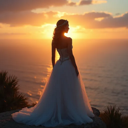 Prompt: (Facing the future, unafraid in a lovely ball gown), an empowering individual standing confidently at the precipice of a vibrant dawn, whispers of hope in the cool morning air, strong posture, unwavering gaze directed towards a distant horizon, ethereal light bathing the scene in radiant hues of gold and blue, conveying anticipation and courage, cinematic depth, ultra-detailed, inspiring atmosphere with a sense of adventure.