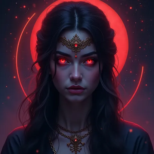 Prompt: (Female Scorpio energy), fierce and mysterious aura, deep and dark hues, hints of crimson and violet, captivating gaze, intense expression, intricate designs, vibrant background of twinkling stars, approaching twilight ambiance, empowering and secretive vibes, (highly detailed), artistic masterpiece, engaging composition.