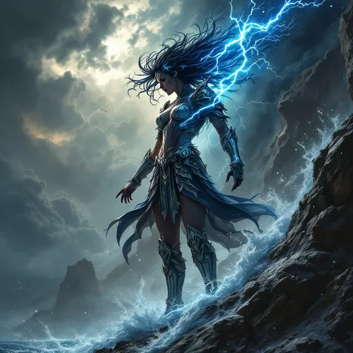 Prompt: Envision a powerful female tempest, her silhouette dynamic and fierce, standing atop a craggy cliff with stormy skies swirling above. Dark, ominous clouds roil around her, crackling with flashes of electric blue lightning that illuminate her determined expression. She wears intricately detailed armor adorned with mystical symbols, glinting in the sporadic bursts of light. Her hair, wild and whipped by the wind, flows like a cascade of tempestuous sea.  A banner with the word “Trini” Accurately spelled is above 