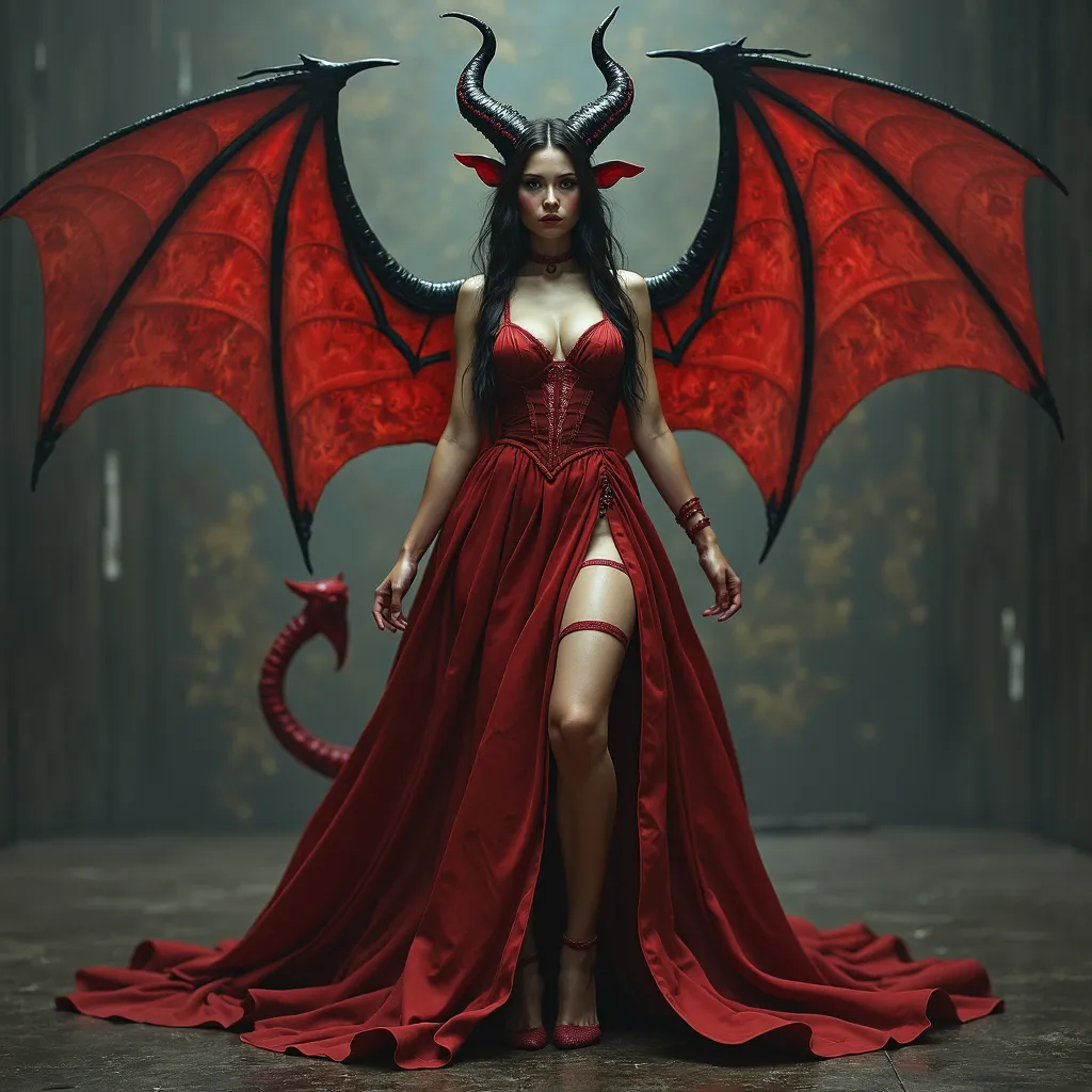 Prompt: Beautiful demon, intriguing gown