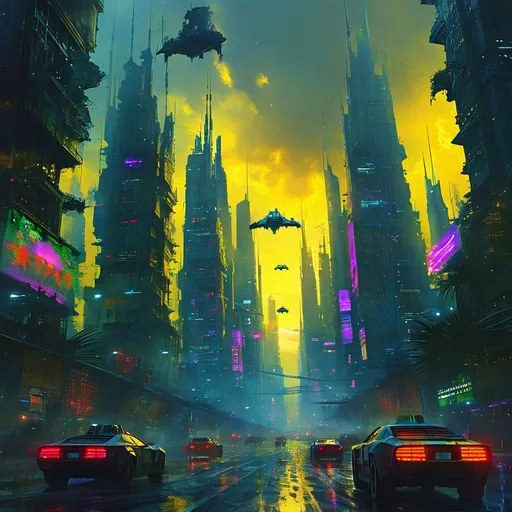 Prompt: (Dystopian futuristic cityscape), sprawling skyline, (yellow, blue, green, purple neon lights), (holographic advertisements), flying cars, (dark, moody atmosphere), (futuristic architecture), rich contrast, shadowy undertones, (4K ultra-detailed), cinematic lighting, atmospheric perspective, vibrant colors amidst darkness, immersive and chilling vibe, intricate details in architecture.