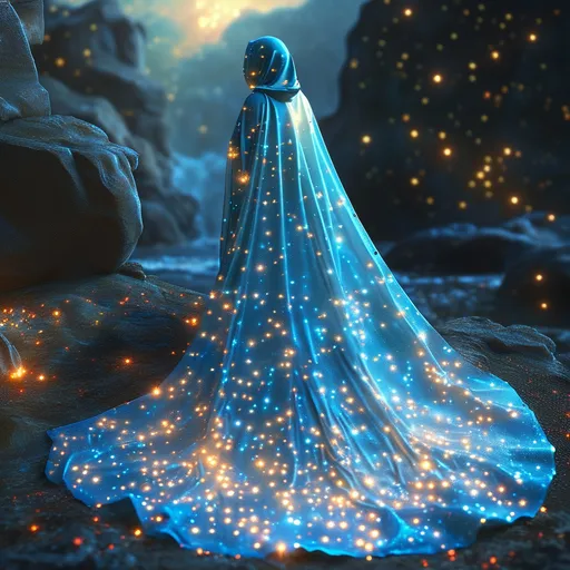 Prompt: A cloak of (infinite starlight), shimmering with celestial sparkles, draping gracefully like a waterfall of light, (ethereal glow) illuminating the surrounding space, vibrant cosmic colors blending seamlessly, set against a backdrop of (vast universe), countless stars twinkling, evoking a sense of cosmic wonder, (highly detailed), captivating depth and luminescence.