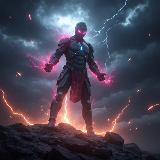 Prompt: (4K), photorealistic, celestial themed fantasy, dynamic storm scene, dark ominous clouds and vibrant lightning, the essence of "Tempest" capturing raw power, dramatic contrasts between shadows and light, immersive deep hues, epic atmosphere, mystical elements, detailed textures and dynamic action, an imposing figure embodies the fierceness of the tempest.