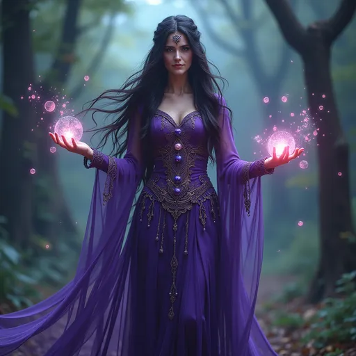 Prompt: (mystical depiction of Morgan le Fey), enchanting sorceress, long flowing dark hair, wearing an intricate purple gown adorned with magical symbols, surrounded by glowing orbs of light, lush enchanted forest background, vibrant colors, ethereal atmosphere, enchanting and mysterious mood, (highly detailed), soft glowing light filtering through trees, elegant pose, (4K quality).