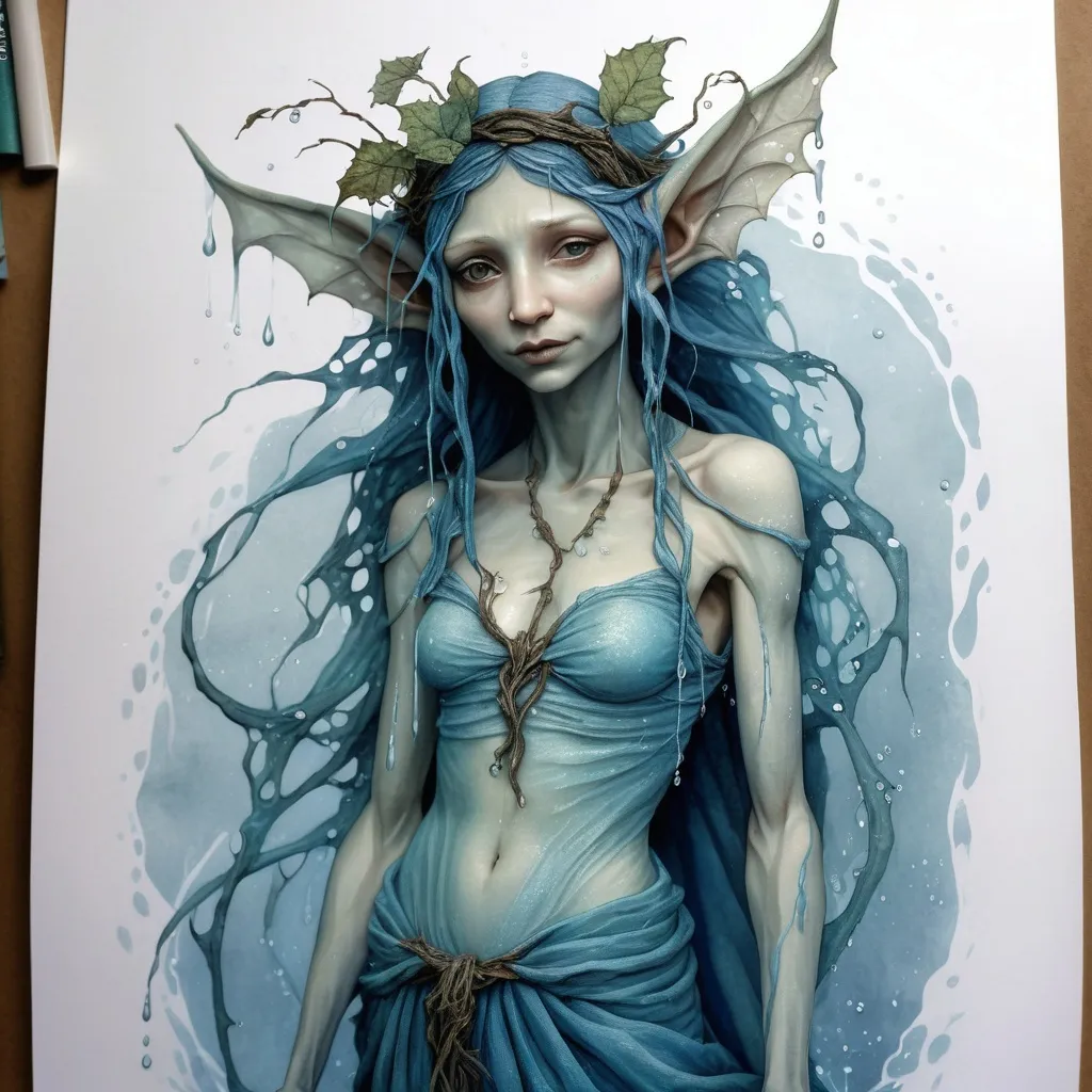 Prompt: (Water sprite), inspired by (Brian Froud) style, intricately designed clothing