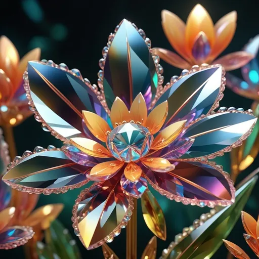 Prompt: (captivating crystal flowers), vibrant, sparkling colors, intricate and reflective facets, delicate petal shapes, shimmering light patterns, magical ambiance, blending nature and gem-like aesthetics, high detail, ultra-detailed, 4K resolution