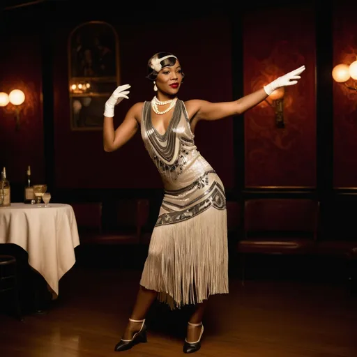 Prompt: Flapper dancing in a 1920s jazz-age nightclub, full body, African American , historically appropriate dress, confident posture, smoky and dim lighting, high quality, glamorous, 1920s, jazz-age, confident stance, dim lighting, nightlife