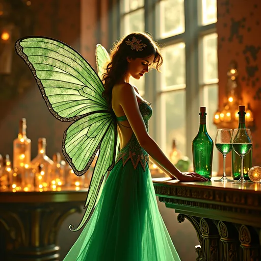 Prompt: (Art deco absinthe fairy), graceful fairy figure, intricate art deco patterns, ethereal wings shimmering with green hues, surrounded by glamorous absinthe bottles and vintage glassware, sparkling lights and elegant details, dreamy ambiance, warm and luxurious color tones, cinematic lighting, highly detailed and stylized, 4K ultra-detailed, sophisticated atmosphere.