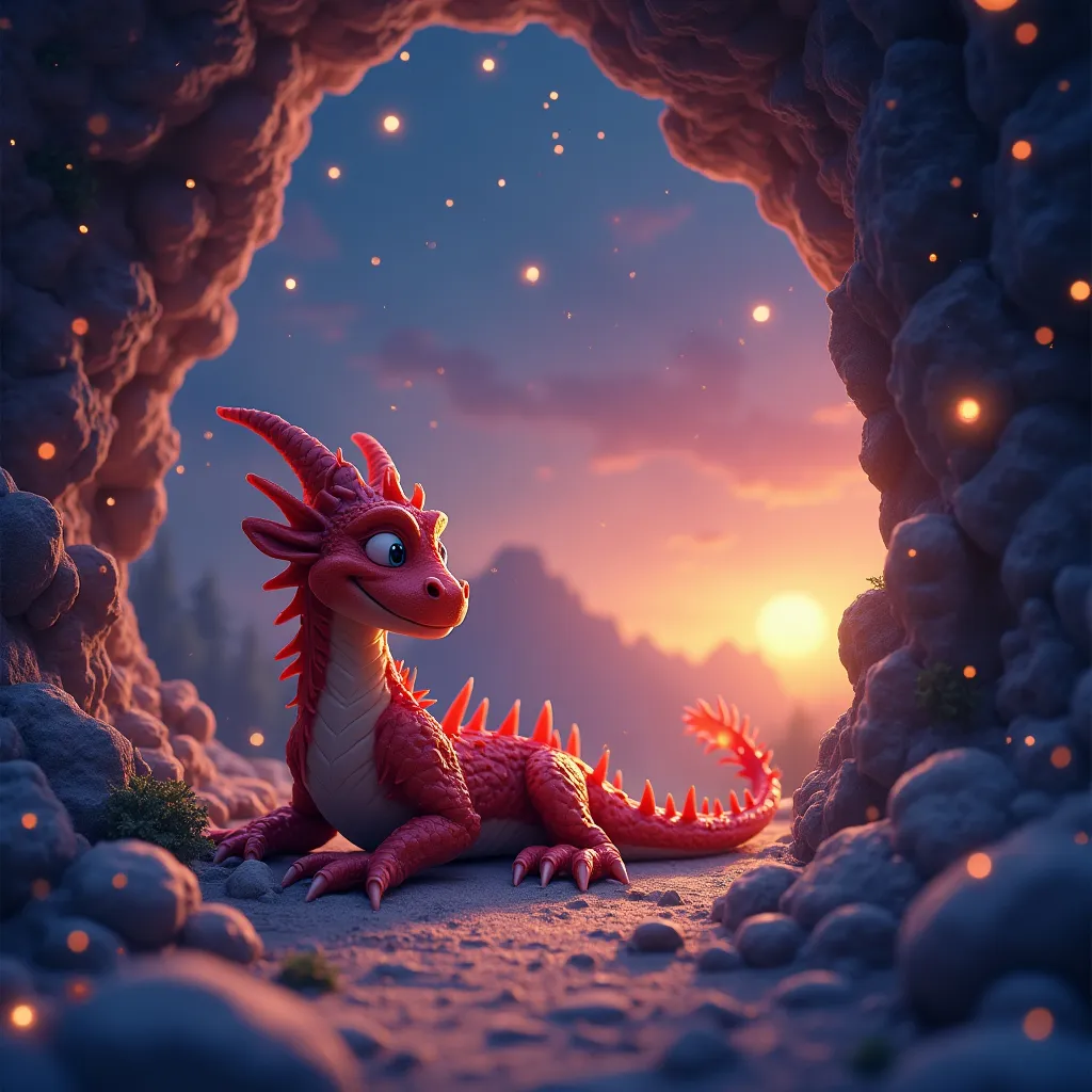 Prompt: (lazy dragon), lounging in a treasure cave, vivid colors, surrounded by scattered stars, dreamy background of twilight hues, (4K), inviting and cozy ambiance, high detail.