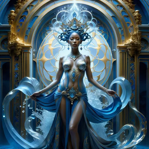 Prompt: a stunning interpretation of a water goddess, full body action pose, highly detailed, intricate, golden ratio, blue and silver , mist, glow, crystal , metallic, hyper maximalist, ornate, luxury, elite, ominous, haunting, matte painting, cinematic, cgsociety, James jean, Brian froud, ross tran