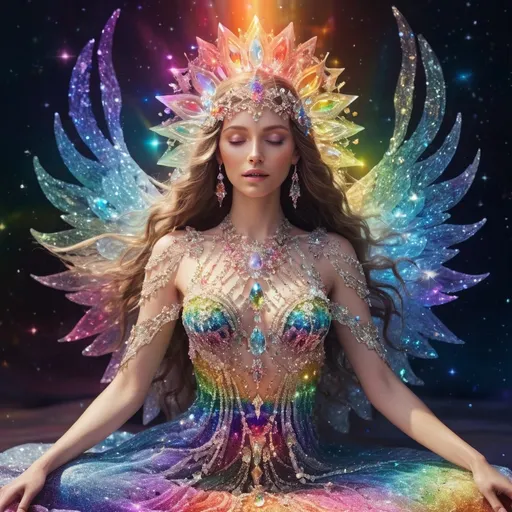 Prompt: Rainbow crystal goddess, (ethereal figure), intricate crystal dress, surrounded by shimmering rainbow crystals, (glowing aura) radiating vibrant hues of light, (magical atmosphere) enchanting and uplifting, (intricate crystal details), surrounded by a celestial background, stars twinkling faintly, (vibrant colors), illuminated with soft glows, showcasing reflections and refractions of light, (highly detailed), spellbinding expression of grace and beauty.