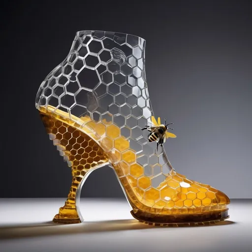 Prompt: Experimental glass shoes, avant-garde, high-concept, cutting edge, unconventional materials, crystal bee and honeycomb motif, professional lighting, high quality photography 