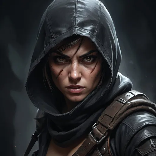 Prompt: High-quality digital painting of a fierce female assassin, detailed facial features, dark and gritty atmosphere, intense and focused gaze, dynamic action pose, leather and tactical gear, mysterious and shadowy lighting, cinematic, intense, dark tones, assassin, digital painting, detailed eyes, professional, atmospheric lighting