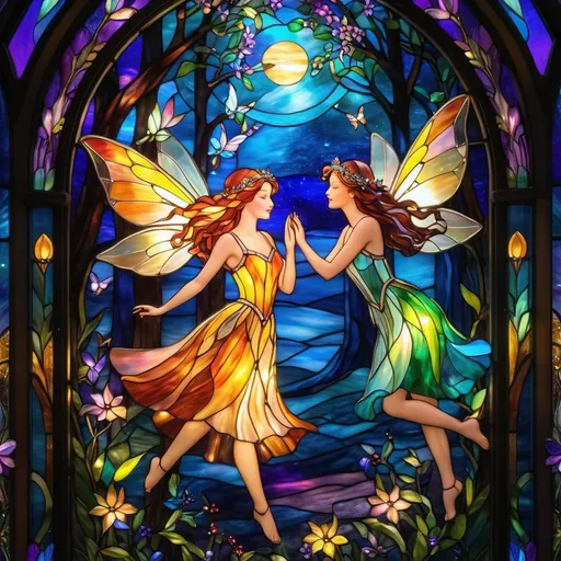 Prompt: (dancing fairies), (whimsical atmosphere), magical glimmers, soft glowing lights, (enchanted forest), vibrant colors, delicate wings fluttering, ethereal vibe, graceful poses, surrounded by flowers and sparkling dust, enchanting moonlight filtering through trees, dreamy ambiance, high detail, 4K, captivating and joyful scene, vivid portrayal of whimsy and fantasy.