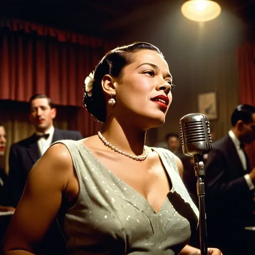 Prompt: Billie Holiday performing at the Cotton Club in the 40s, realistic portrait, classic 40s hairstyle and outfit, dynamic stage presence, lively atmosphere, high quality, vintage, vibrant colors, realistic portrait, 40s fashion, dynamic composition, classic jazz, atmospheric lighting