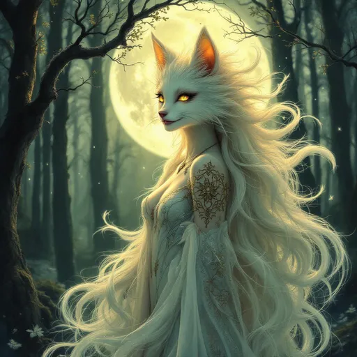Prompt: Envision a mystical nine-tailed female kitsune in human form poised gracefully beneath a moonlit sky. The ethereal glow of the full moon bathes the surrounding ancient forest in an enchanting light, casting dancing shadows among age-old trees draped in delicate wisps of mist. Her eyes, a striking gold, hold a timeless wisdom, and a playful yet mysterious smile adorns her lips