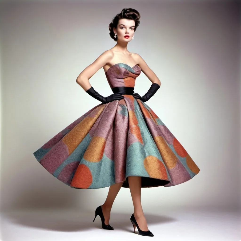 Prompt:  model in a 1950s haute couture outfit, retro hair style, elegant and sophisticated, full body pose, high heels, luxurious fabric with rich textures, colorful, high-end fashion photography, Richard Avedon