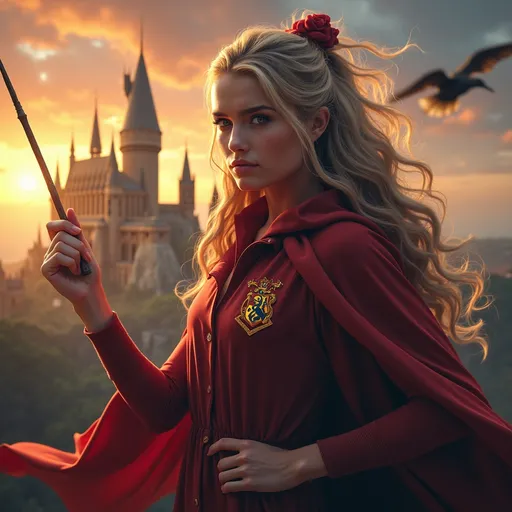 Prompt: (Gryffindor witch), vibrant colors, warm lighting, (courageous pose), wearing classic Gryffindor robes, detailed wand in hand, intense expression showcasing determination and bravery, background of Hogwarts castle at sunset, magical ambiance, birds flying in the foreground, (highly detailed), ultra-realistic style, enchanting atmosphere, whimsical feel, captivating and immersive.