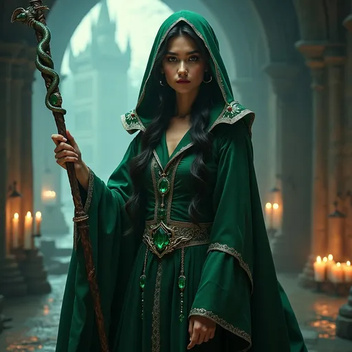 Prompt: (Slytherin witch), enchanting atmosphere, dark green and silver colors, elegant robes adorned with serpent motifs, emerald gemstones glimmering, intricate wand, confident expression, ancient castle backdrop, flickering candlelight, mysterious shadows enveloping, a hint of magic in the air, high-quality details, ultra-detailed, enchanting, mystical ambiance.