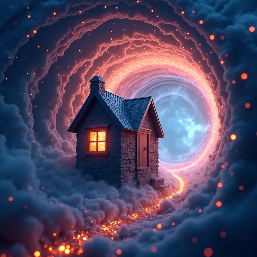 Prompt: (galactic wormhole), (house) traveling through swirling cosmic colors, ethereal lighting illuminating the scene, dynamic motion capturing the essence of adventure, mysterious cosmic background filled with stars and streaks of light