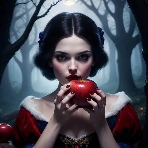 Prompt: (Snow White biting the poison apple), dramatic lighting, dark enchanted forest background, (moody atmosphere), deep shadows, mysterious fog, bright moonlight filtering through trees, vibrant red apple, highly detailed facial features, royal dress with rich colors, realistic fabric textures, ultra-detailed, 4K.