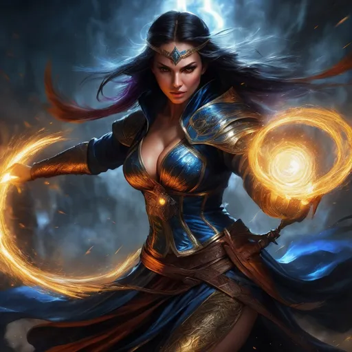 Prompt: Sorceress fighting in battle , digital painting, extremely detailed, HD, determined expression, action stance, powerful presence, majestic atmosphere, dramatic lighting, rich colors, intense eyes, dynamic composition, professional, atmospheric lighting, detailed costume, fantasy, action