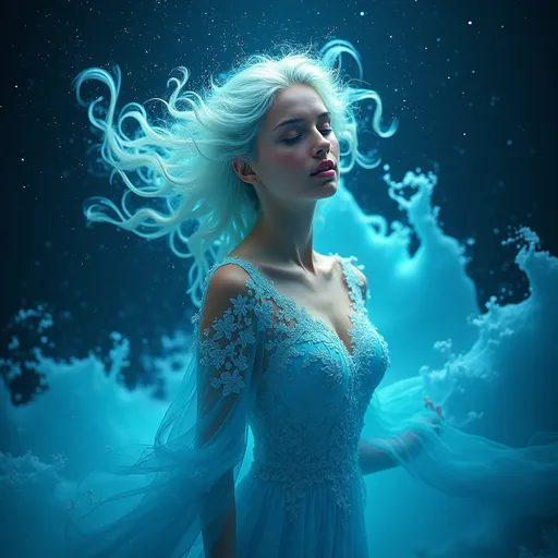 Prompt: (Female Aquarius energy), ethereal figure emanating cosmic vibes, flowing water waves shimmering around her, celestial motifs in hues of deep blue and aqua, radiant aura filled with twinkling stars, dreamy and introspective atmosphere, vibrant contrasts bringing focus to her serene expression, high detail and clarity, embodying the liberated spirit of the Aquarius sign, full 4K resolution.