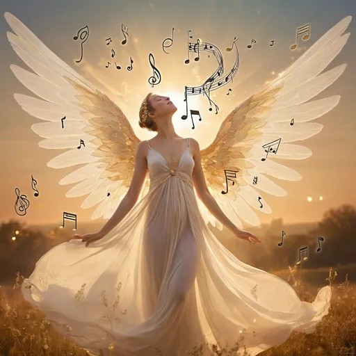 Prompt: (angel of music), ethereal figure with delicate wings, surrounded by notes and harmonies, soft radiance emanating, serene and uplifting ambiance, flowing garments with musical symbols, warm golden light illuminating a celestial background, ultra-detailed, atmospheric, conveying a sense of peace and inspiration, harmonizing with a dreamy landscape.