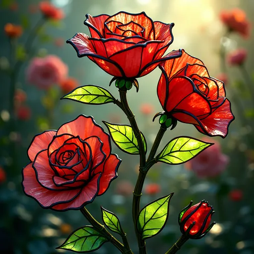 Prompt: (stained glass roses), vibrant colors, intricate patterns, luminous light filtering through, delicate petals crafted with precision, rich greens contrasting with bold reds and pinks, ethereal ambiance, captivating detail, (highly detailed) texture, ornate glass designs, warm lighting casting soft shadows, elegant and enchanting composition, timeless beauty, (4K) ultra-detailed craftsmanship.