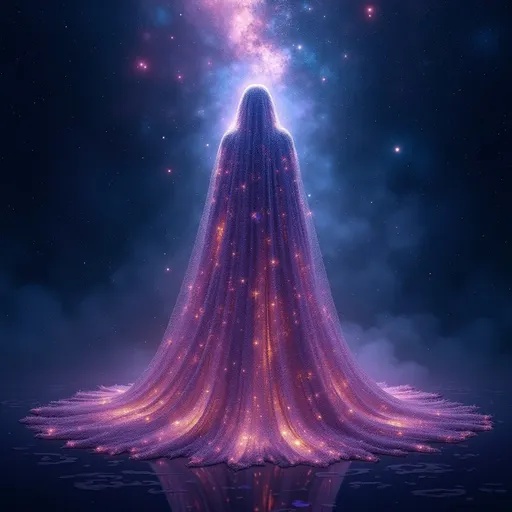 Prompt: A cloak of (infinite starlight), shimmering with celestial sparkles, draping gracefully like a waterfall of light, (ethereal glow) illuminating the surrounding space, vibrant cosmic colors blending seamlessly, rich navy and deep violet tones, set against a backdrop of (vast universe), countless stars twinkling, evoking a sense of cosmic wonder, (highly detailed), captivating depth and luminescence.